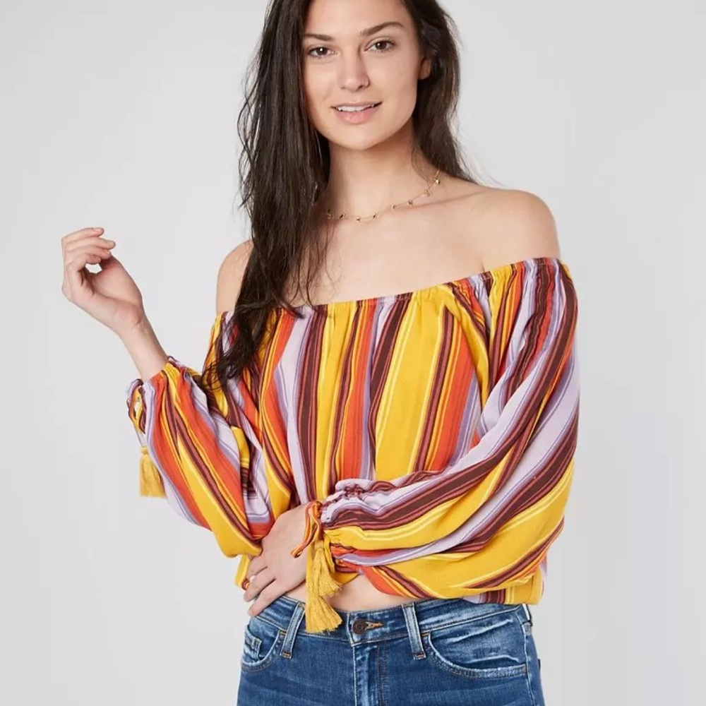 Miss Me Women’s Multi Striped Off The Shoulder Cinch Tie Long Sleeve Blouse Sz S